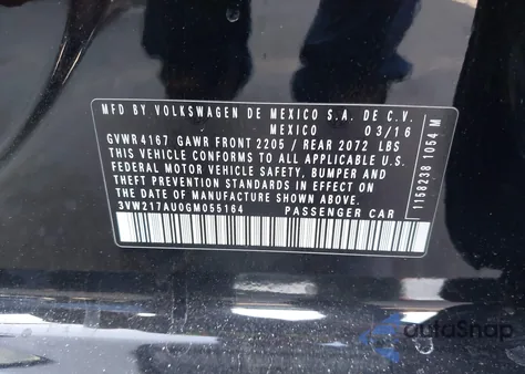 2016 Volkswagen Golf Tsi S 4-Door из США, поврежденный, VIN 3VW217AU0GM055164